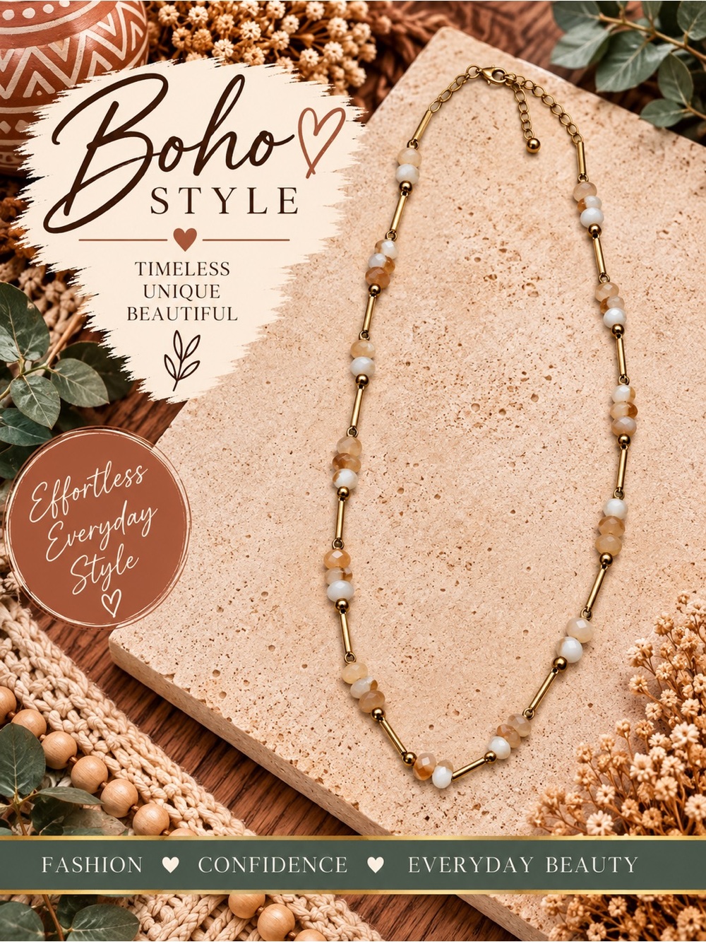 780 Erica Lyons Gold and Cream Beaded Boho Necklace